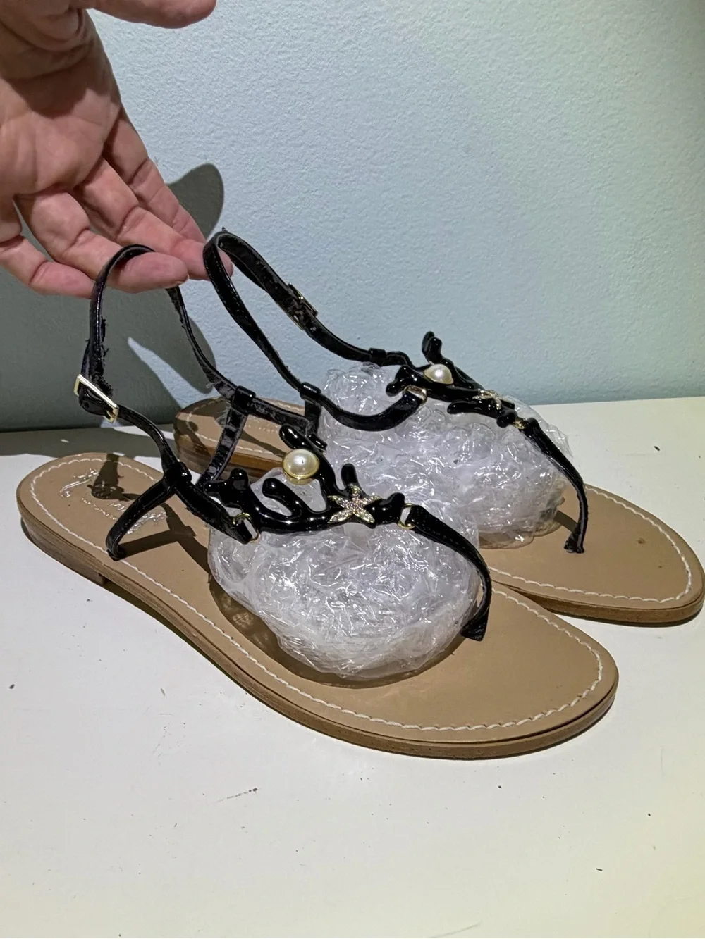 Black Coral Motif With Pearl Accent & Rhinestone Starfish T-Strap Sandals. 10